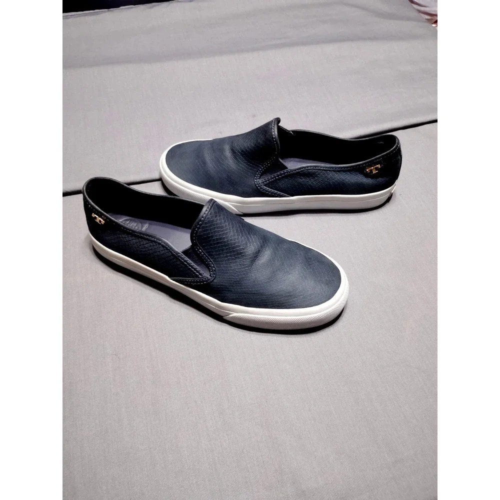 EUC Tory Burch Floyd Snakeskin Embossed Women 8 Blue Slip On Boho Sneakers Shoes